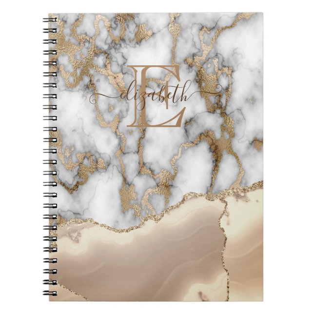 Elegant Stylish Gold Glitter Cream Marble Monogram Notebook (Front)