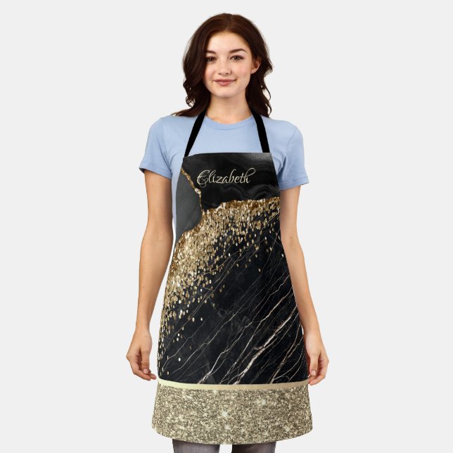 Elegant Stylish Gold Glitter Sequins Black Marble  Apron (Worn)