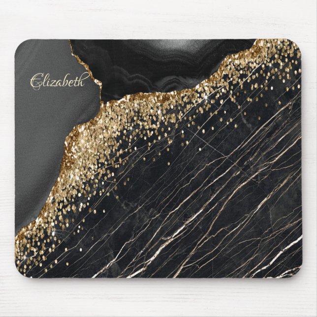 Elegant Stylish Gold Glitter Sequins Black Marble  Mouse Pad (Front)