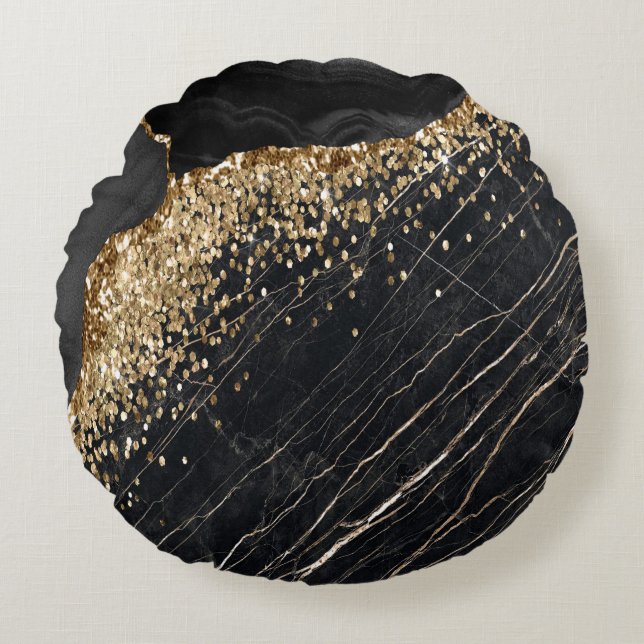 Elegant Stylish Gold Glitter Sequins Black Marble  Round Pillow (Front)