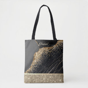 Elegant Stylish Gold Glitter Sequins Black Marble Tote Bag