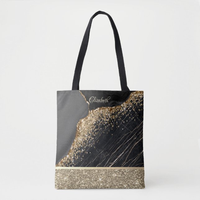 Elegant Stylish Gold Glitter Sequins Black Marble  Tote Bag (Front)