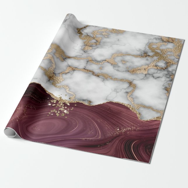 Elegant Stylish Gold Glitter Shiny Marble Burgundy Wrapping Paper (Unrolled)