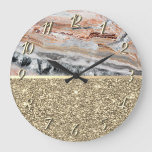 Elegant Stylish Gold Glitter Shiny Marble Stone   Large Clock