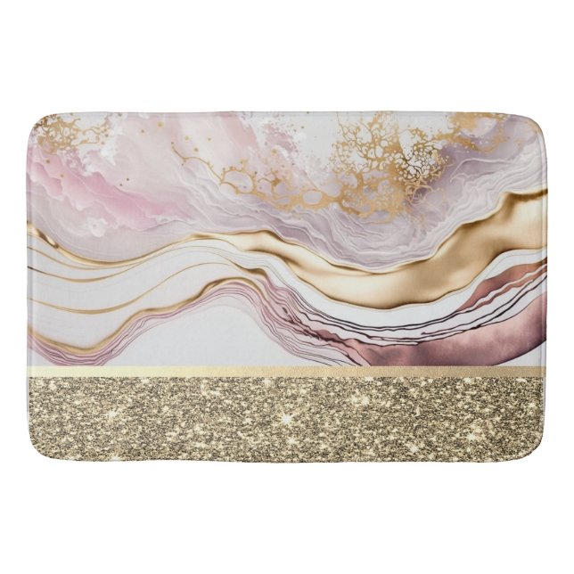 Elegant Stylish Gold Glitter Shiny Pink Marble  Bath Mat (Front)