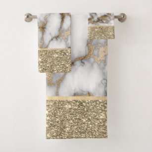 Elegant Stylish Gold Glitter Shiny White Marble Bath Towel Set