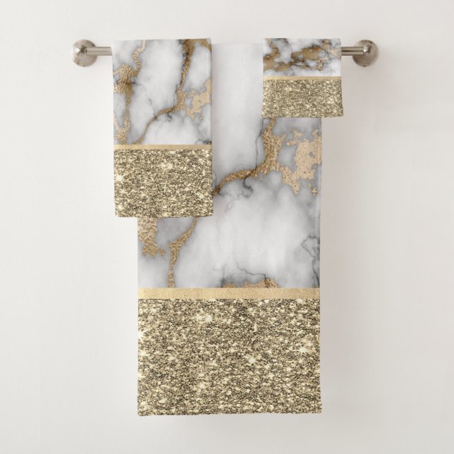 Elegant Stylish Gold Glitter Shiny White Marble Bath Towel Set (Insitu)