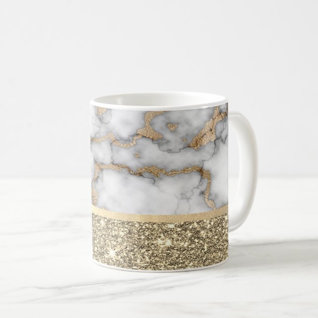 Elegant Stylish Gold Glitter Shiny White Marble   Coffee Mug (Front Right)