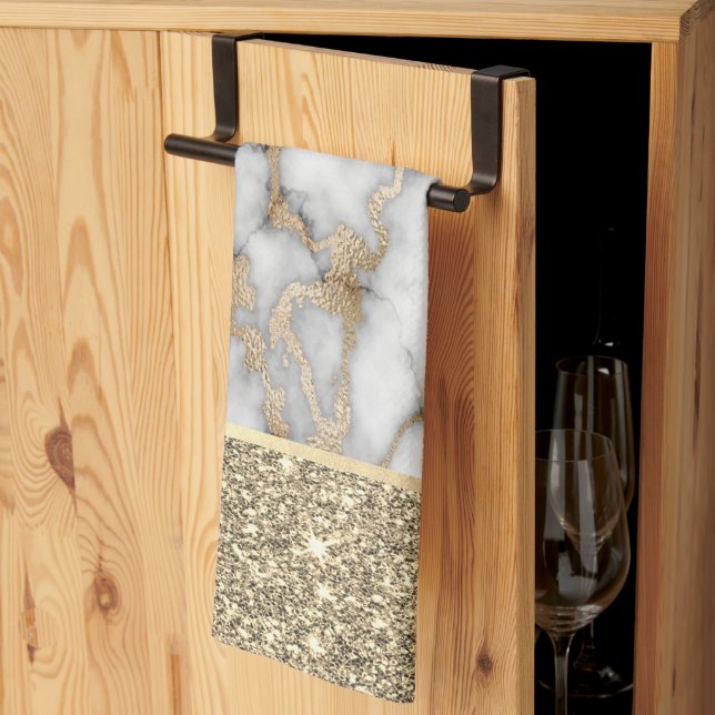 Elegant Stylish Gold Glitter Shiny White Marble  Kitchen Towel (Thirds Fold)