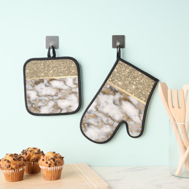 Elegant Stylish Gold Glitter Shiny White Marble  Oven Mitt & Pot Holder Set (Insitu(Hanging))