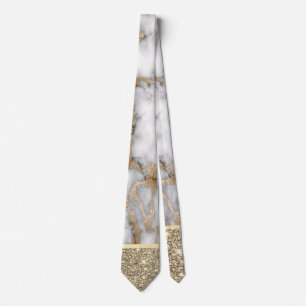 Elegant Stylish Gold Glitter Shiny White Marble Tie