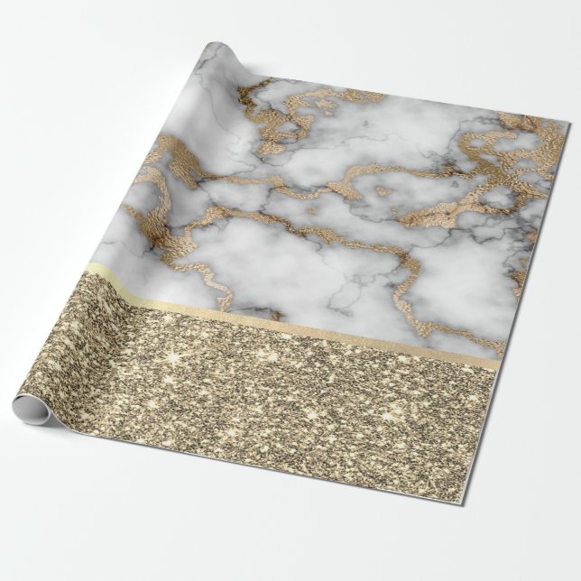 Elegant Stylish Gold Glitter Shiny White Marble  Wrapping Paper (Unrolled)