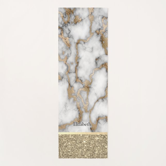 Elegant Stylish Gold Glitter Shiny White Marble  Yoga Mat (Front)