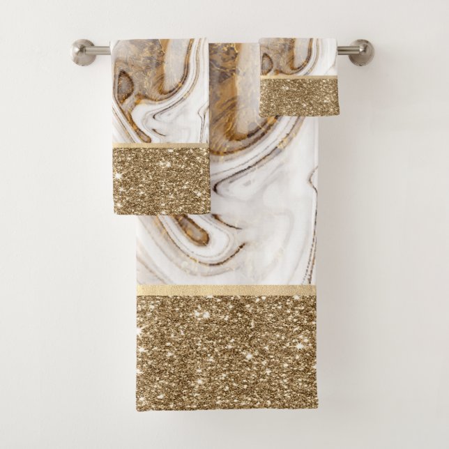 Elegant Stylish Gold Glitter White Brown Marble Bath Towel Set (Insitu)