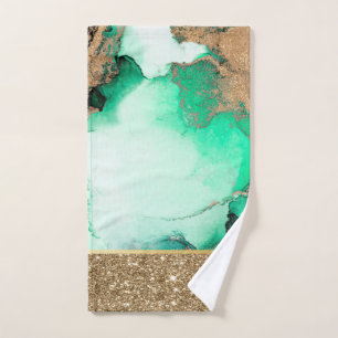 Elegant Stylish Gold Green Glitter Marble Bath Towel Set