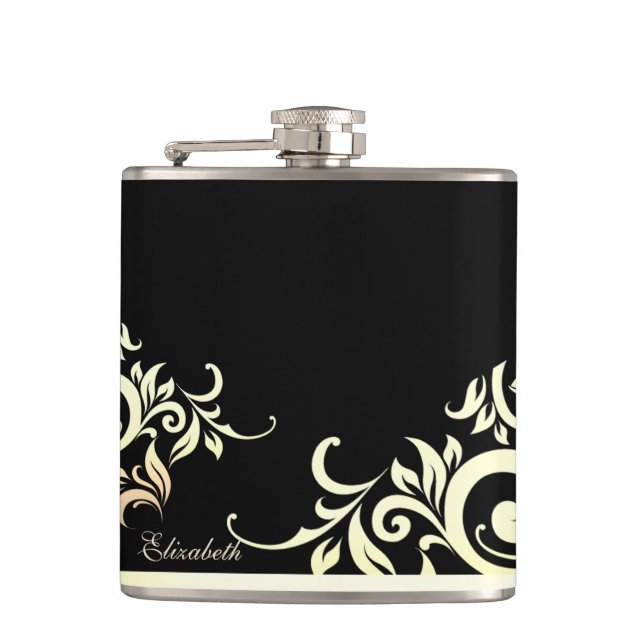 Elegant Stylish Gold Lace,Black -Personalized Hip Flask (Front)