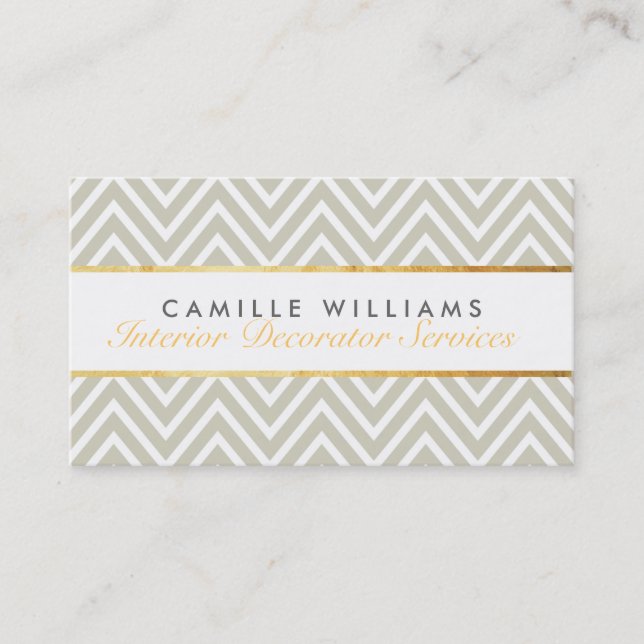 ELEGANT stylish gold strip chevron pattern taupe Business Card (Front)