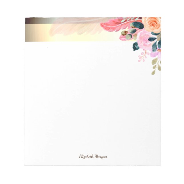 Elegant Stylish Gold Stripe, Flowers Feather Notepad (Front)