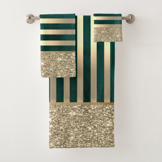 Elegant Stylish Gold Stripes Glitter,Green Bath Towel Set (Insitu)