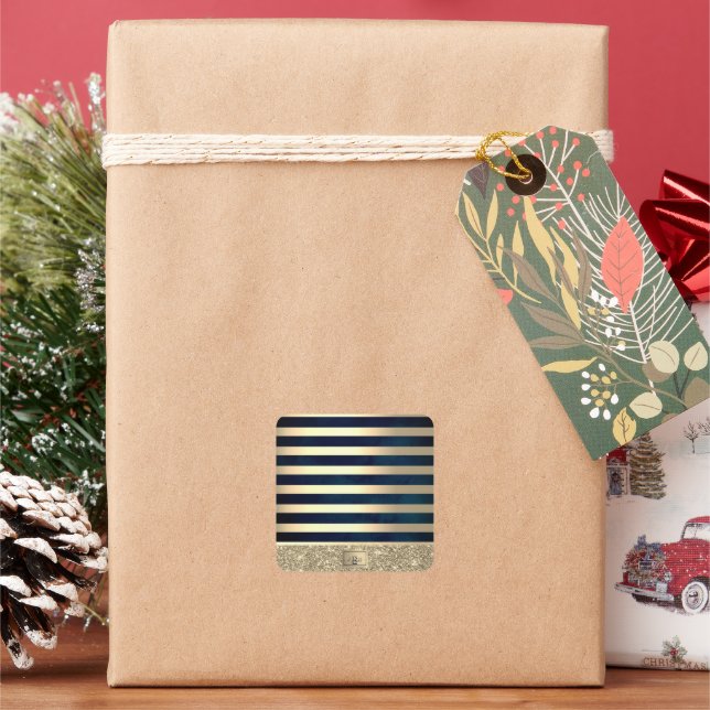 Elegant Stylish Gold Stripes Glitter,Navy Blue Square Sticker (Holiday)