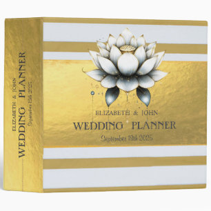 Elegant Stylish Gold Stripes White Lotus Wedding Binder