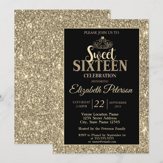 Elegant Stylish Gold Tiara,Glitter Sweet 16 Party Invitation (Front/Back)