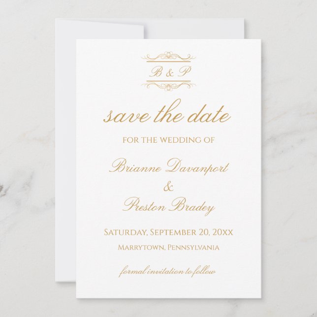 Elegant Stylish Gold & White Monogram Wedding Save The Date (Front)