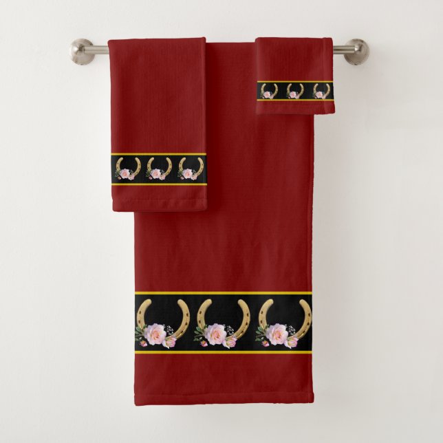 Elegant, Stylish Golden Horseshoes on Maroon Bath Towel Set (Insitu)