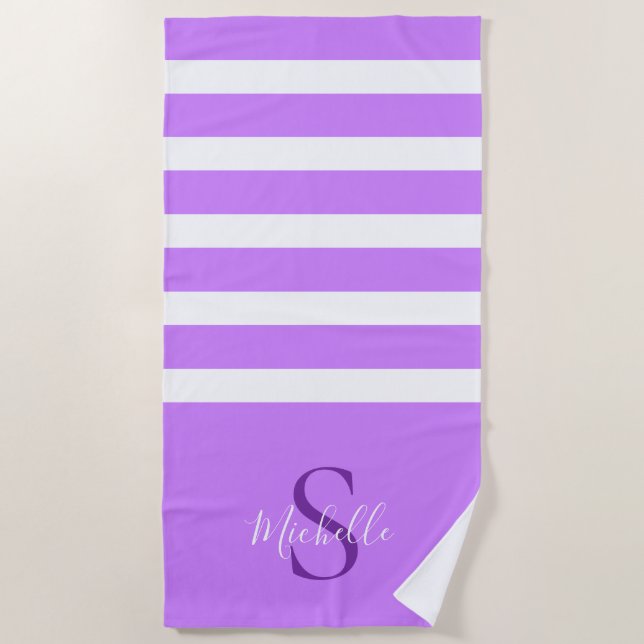 Elegant Stylish Lavender Striped Monogram Name Beach Towel (Front)