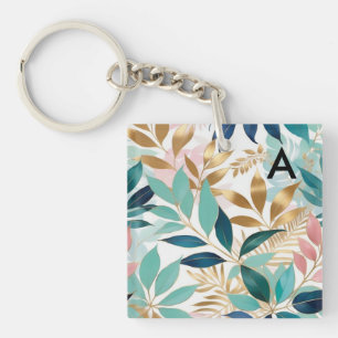 Elegant Stylish Leaves Leaf Pattern Monogrammed Keychain