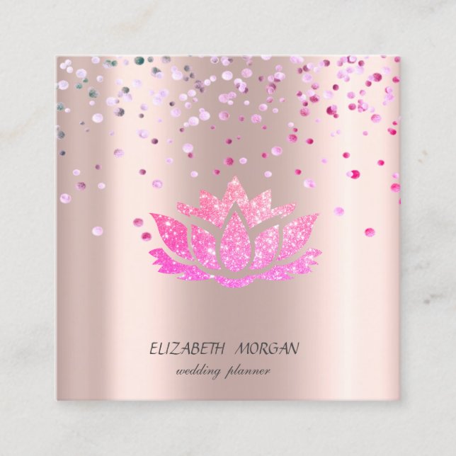 Elegant Stylish Lotus,Confetti Rose Gold Square Business Card (Front)