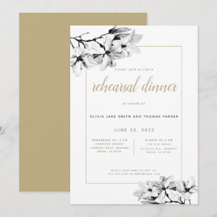 Elegant Stylish Magnolias Gold Rehearsal Dinner Invitation