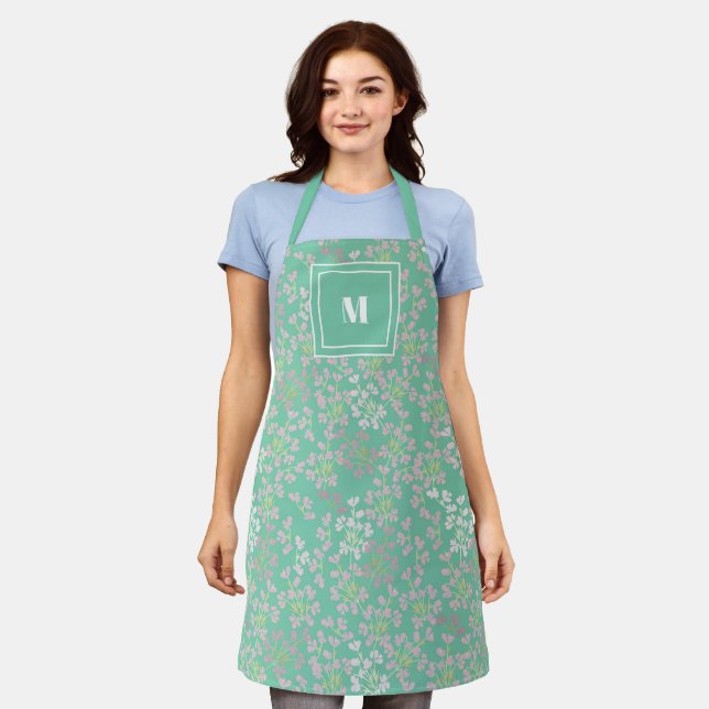 Elegant Stylish Mint Green Silver Leaves Monogram Apron (Worn)