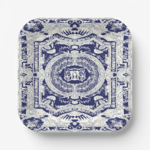 Elegant Stylish Modern Navy Blue Baroque Ornaments Paper Plate