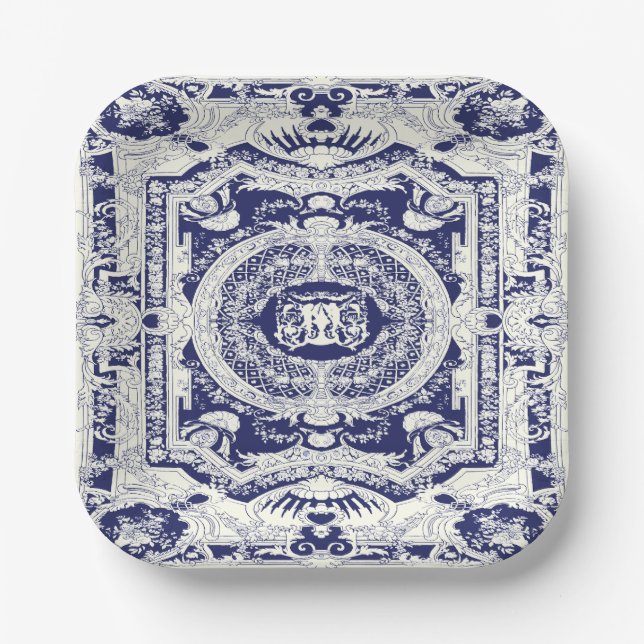 Elegant Stylish Modern Navy Blue Baroque Ornaments Paper Plate (Front)