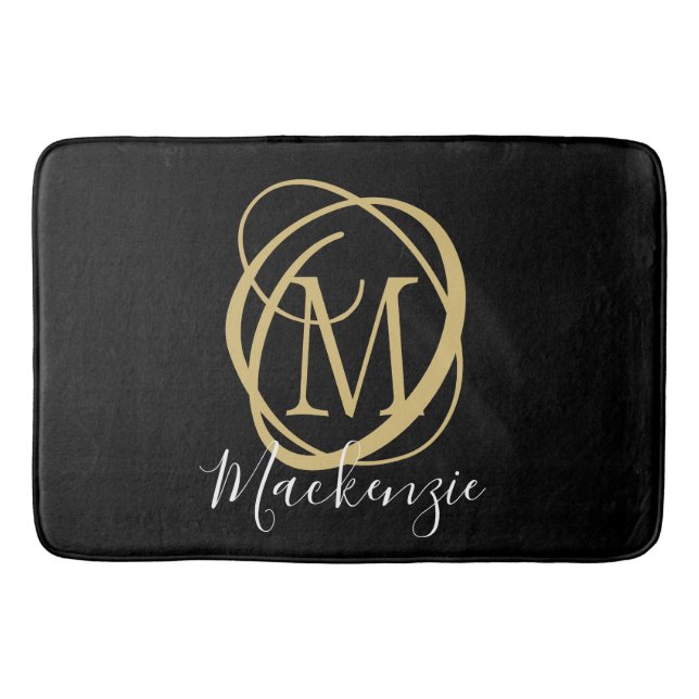 Elegant Stylish Monogram Script Name Black Gold Bath Mat (Front)