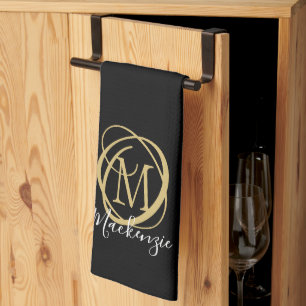 Elegant Stylish Monogram Script Name Black Gold Kitchen Towel