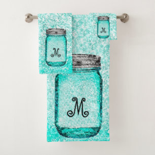 Elegant Stylish Monogrammed Initial Teal Bath Towel Set