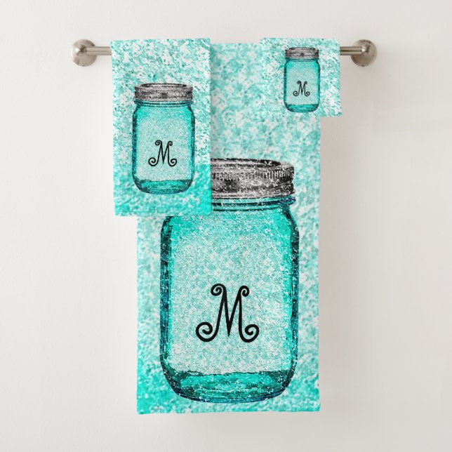 Elegant Stylish Monogrammed Initial Teal Bath Towel Set (Insitu)
