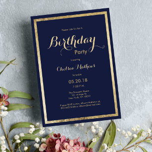 Elegant stylish navy blue faux gold Birthday Invitation