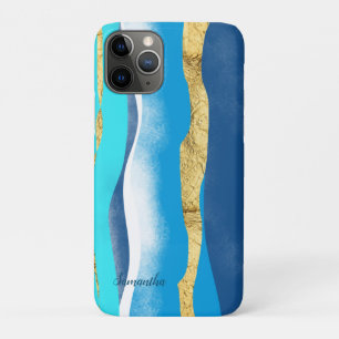 Elegant Stylish Ocean Waves Blue Gold Watercolor iPhone 11 Pro Case