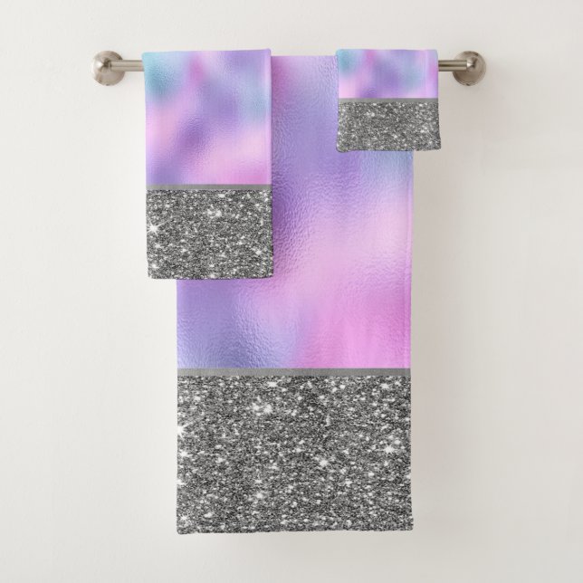 Elegant Stylish Ombre Iridescent Glitter Shiny Bath Towel Set (Insitu)