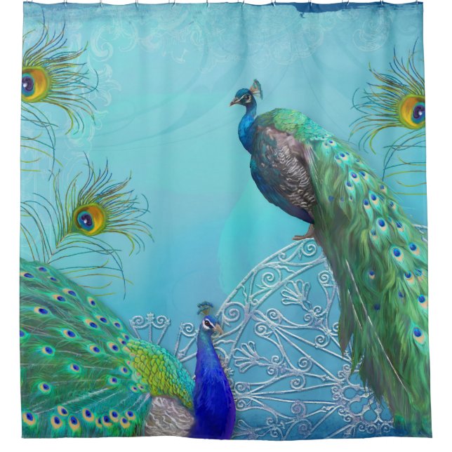 Elegant Stylish Peacocks n Feathers Shower Decor (Front)