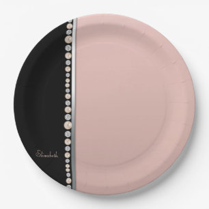 Elegant Stylish Pearls Diamonds Black Pink Paper Plate