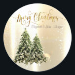 Elegant,Stylish Pine Trees,Christmas Reindeer  Classic Round Sticker<br><div class="desc">Adorable pine trees and faux gold reindeer on shiny background. An elegant and sophisticated designe.Costumize with your name and address details.</div>