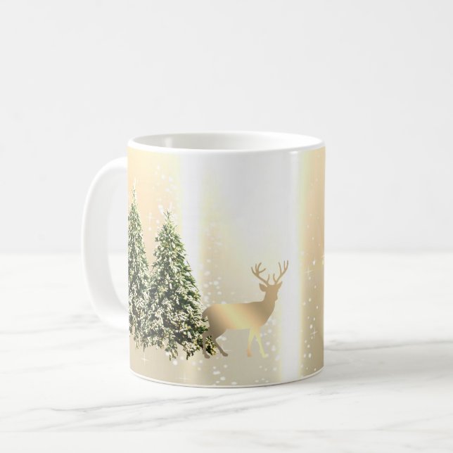 Elegant,Stylish Pine Trees,Christmas Reindeer  Coffee Mug (Front Left)