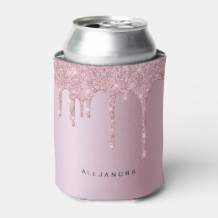 Elegant stylish pink rose gold glitter drips can cooler