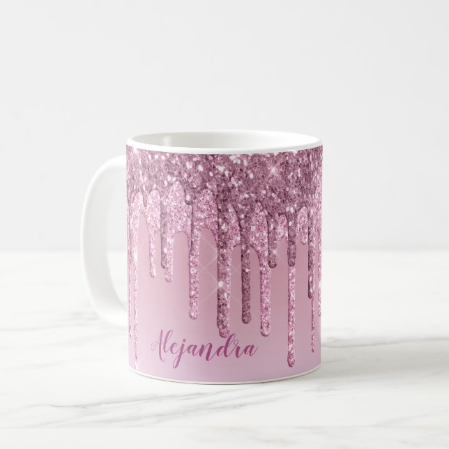 Elegant stylish pink rose gold glitter drips coffee mug (Front Left)