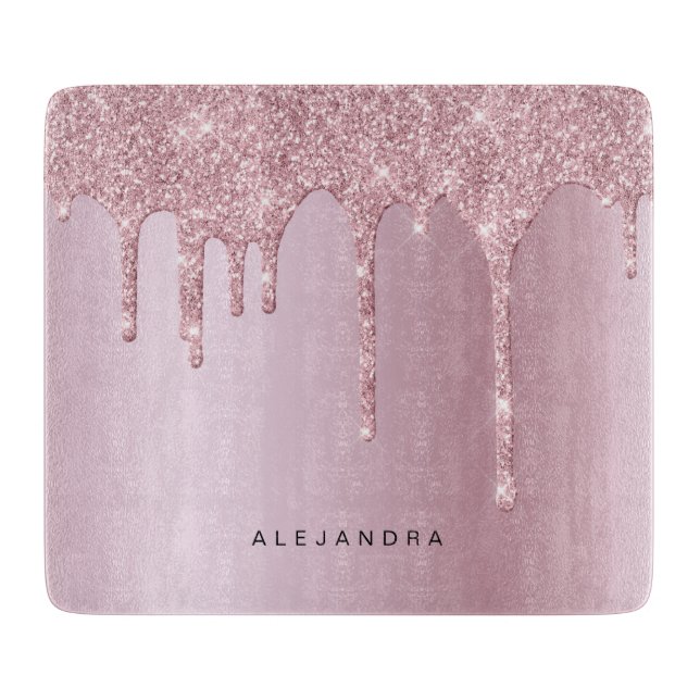 Elegant stylish pink rose gold glitter drips cutting board (Front)