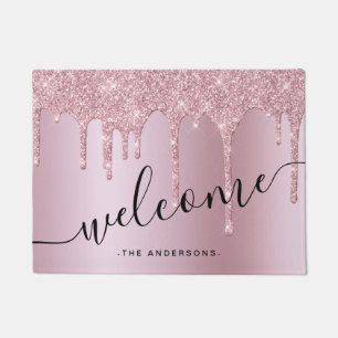 Elegant stylish pink rose gold glitter drips doormat